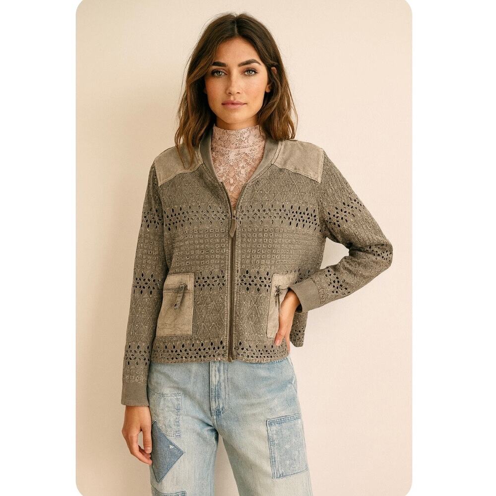 Sundance Boho 100% Cotton Gray Eylet Lace Boxy Cropped Utility Jacket Petite XL